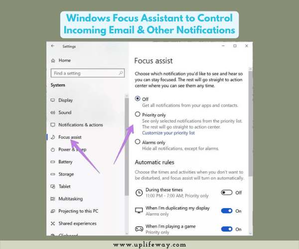 Windows focus assistant can help you to avoid distractions of incoming email alerts