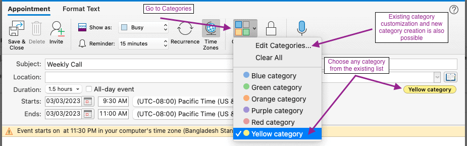 Using Outlook calendar color categories can help to be organized