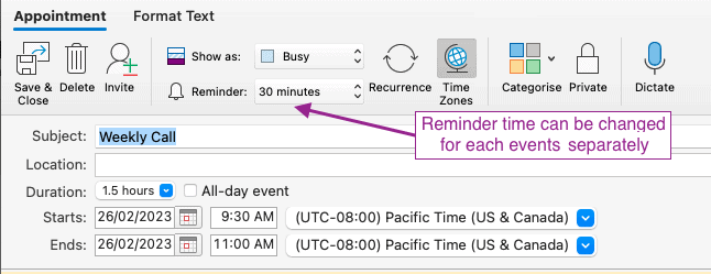 Turn on or, off Outlook calendar reminders for each events