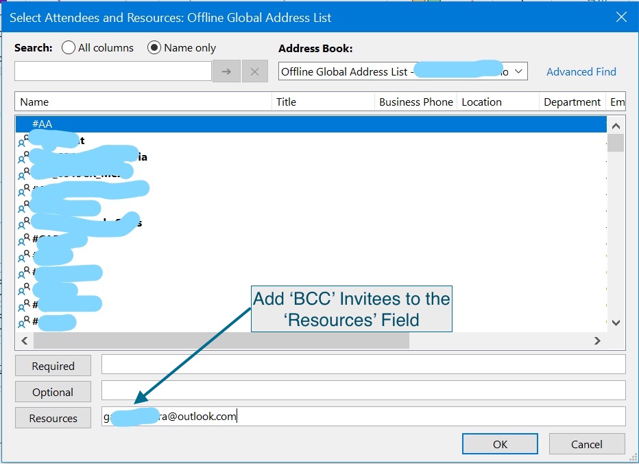 BCC Outlook Calendar Invite (Method 1) Add the invitees as resources - Step 2