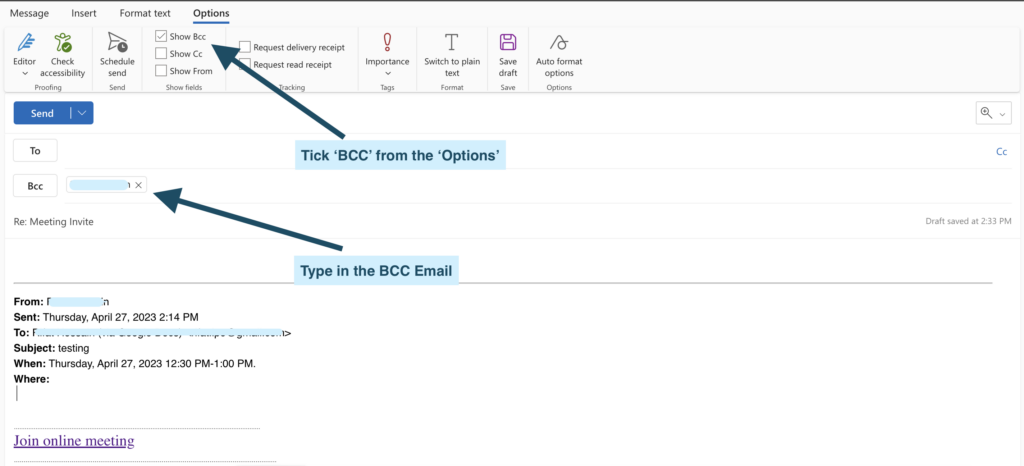 BCC Outlook Calendar Invite (Method 2) Forward the Calendar Invite - Step 3