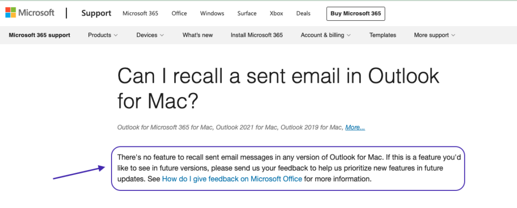 Recall a message in Outlook mac is not possible