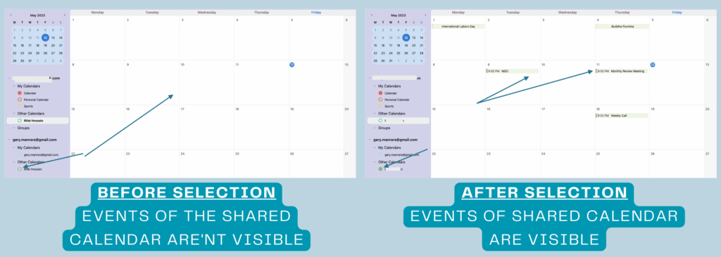 Check if the calendar is selected if the shared calendar outlook not showing up