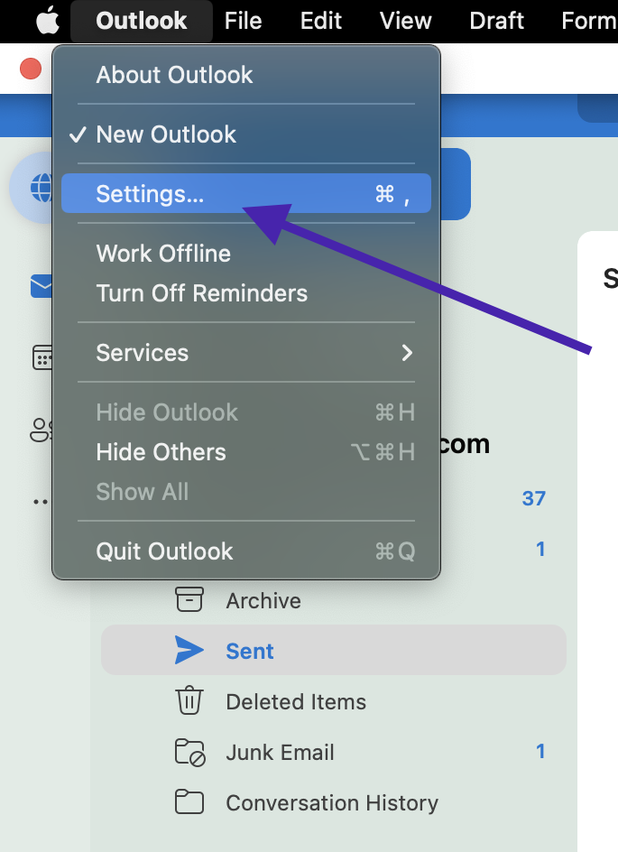Step 1 of Recall mail outlook mac - Go to settings