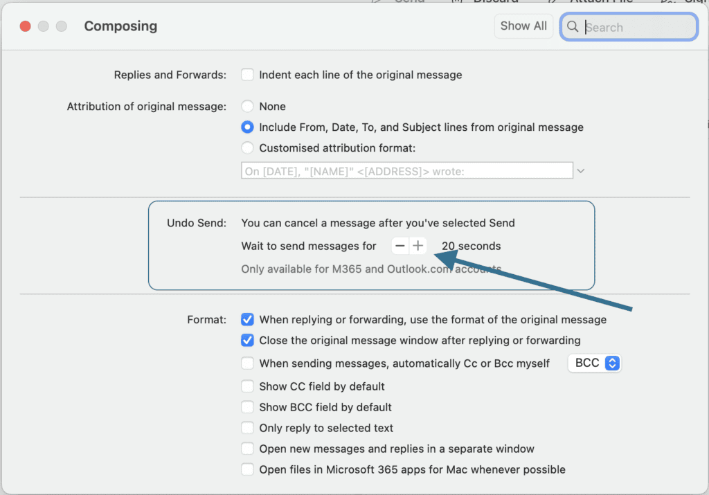 Step 3 of Recall mail outlook mac - Customising the undo send grace time