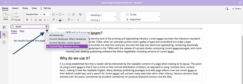 Find and replace OneNote Step 2 - search text