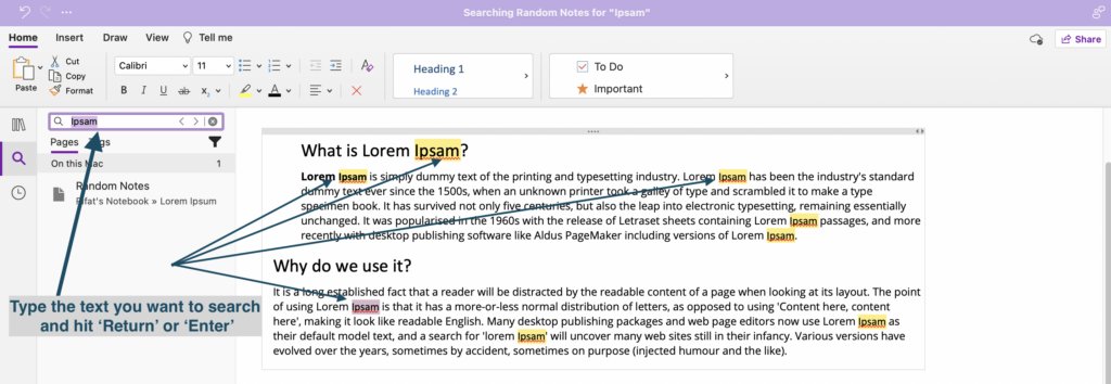 Find and replace on OneNote Step 3 - find the text