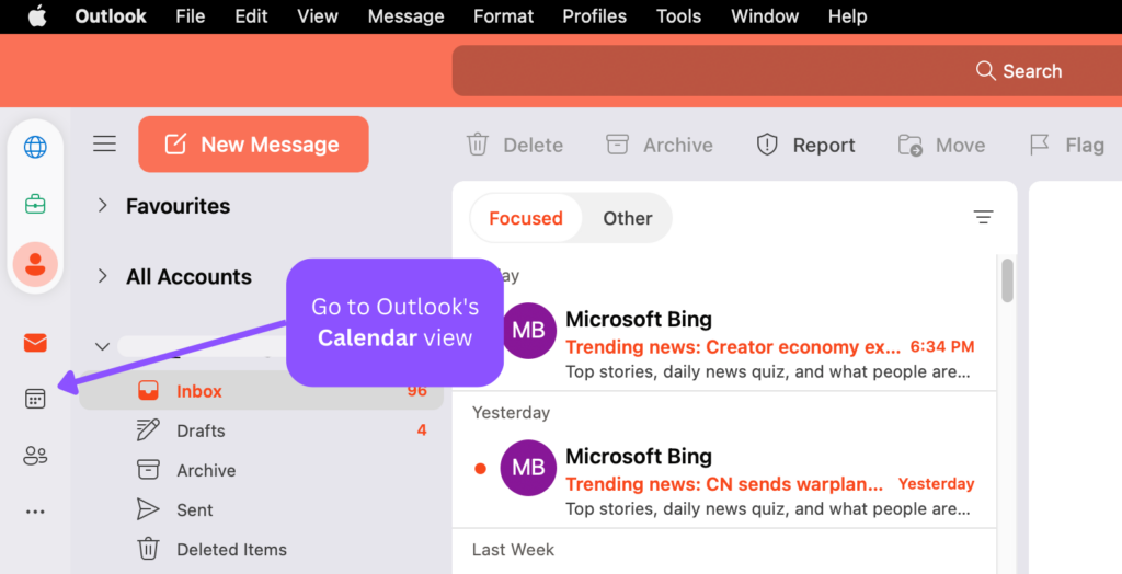 Go to the calendar to set Working Elsewhere Outlook (Mac version)