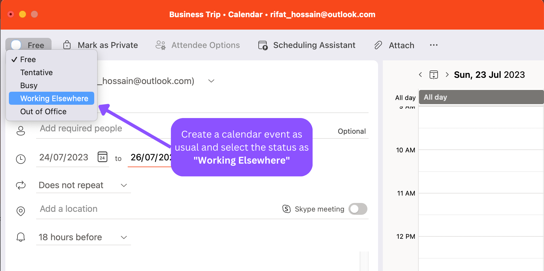 How to Show Working Elsewhere in Outlook Calendar and When?