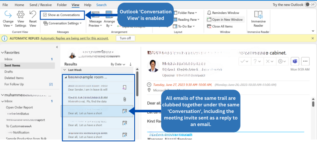 How to reply with a meeting invite in outlook 365 when 'Conversation View' is enabled
