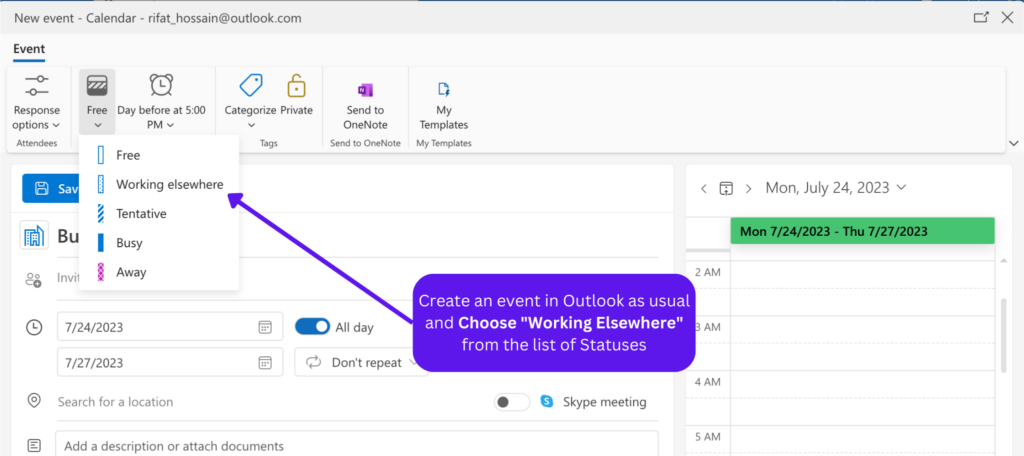 How to Show Working Elsewhere in Outlook Calendar (Outlook web version)