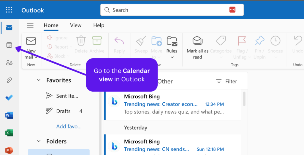 Go to the calendar to set Working Elsewhere Outlook (Web version)