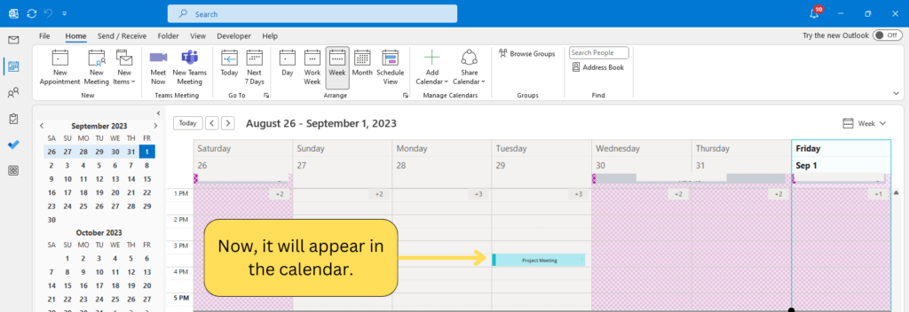 Accept and keep declined meetings in Outlook calendar Windows - Step 1
