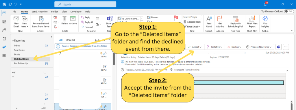 Accept and keep declined meetings in Outlook calendar Windows - Step 2