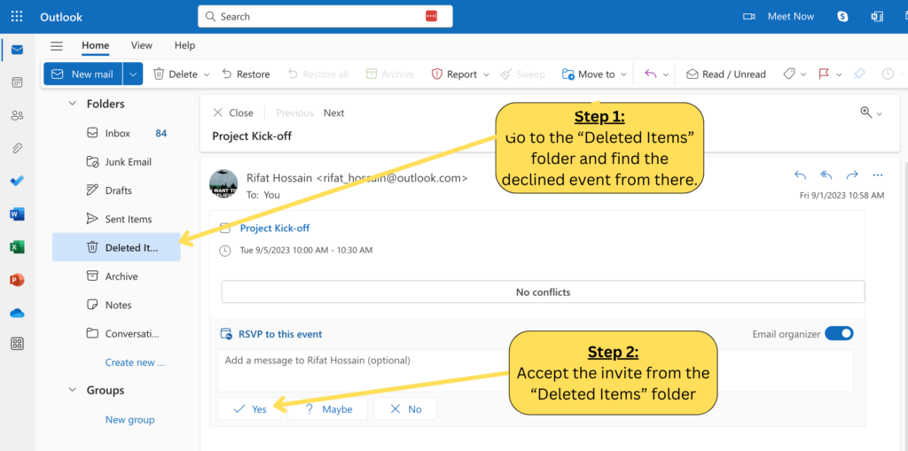 How to accept a declined meeting in Outlook 365 - Step 2