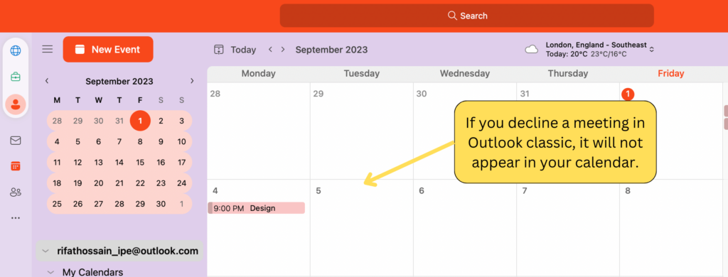 Outlook show declined meetings Mac 1