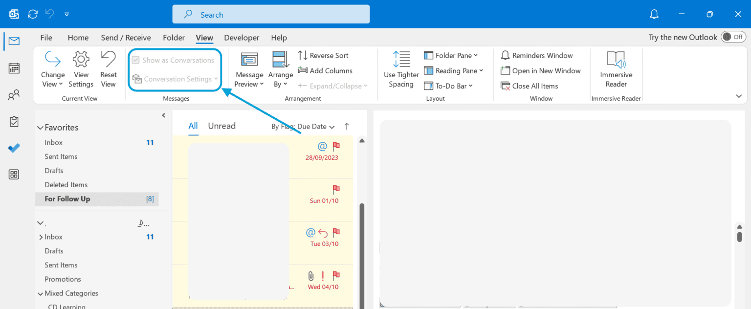 outlook mode conversation grisé