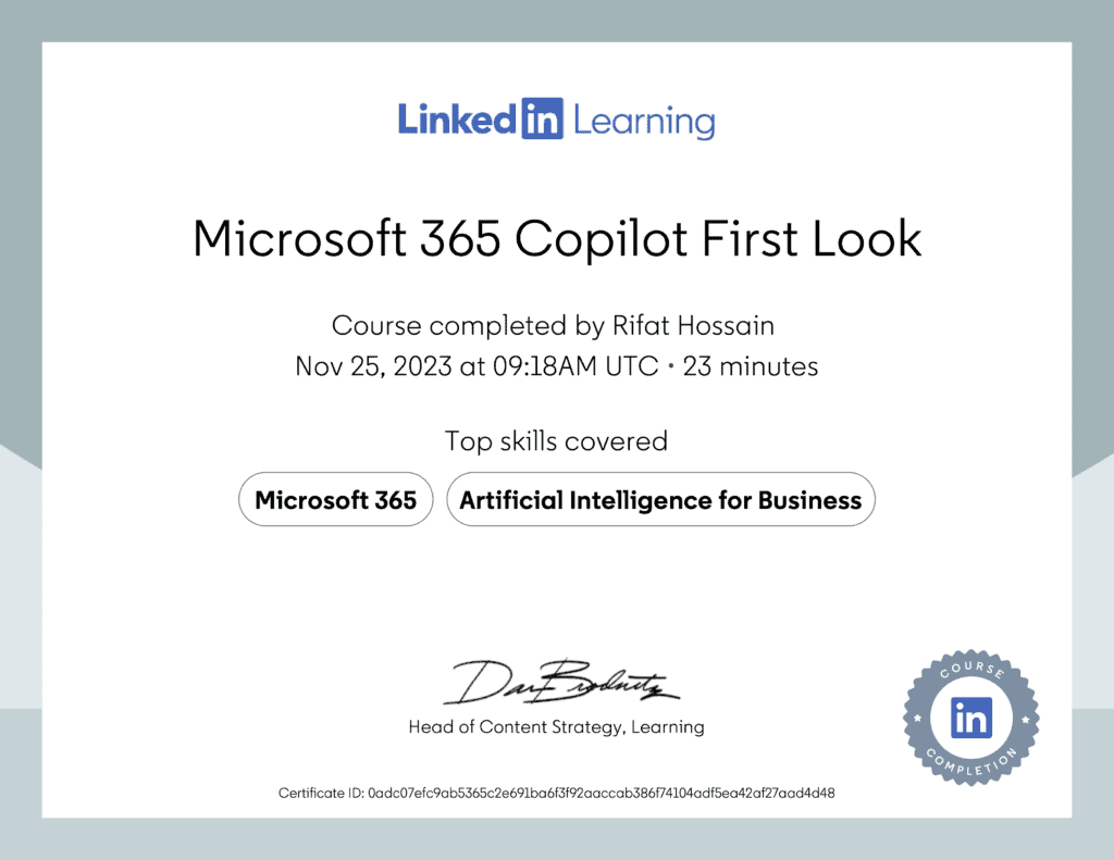 Certificate Of Completion: Microsoft 365 Copilot First Look