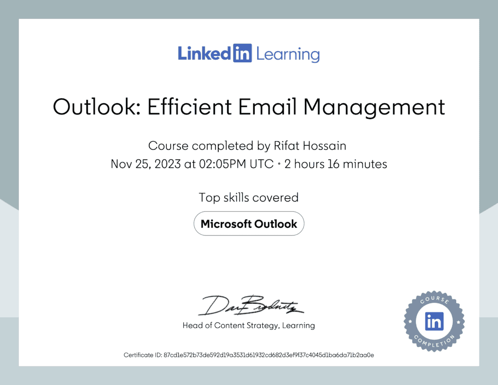 Certificate Of Completion: Outlook Efficient Email Management