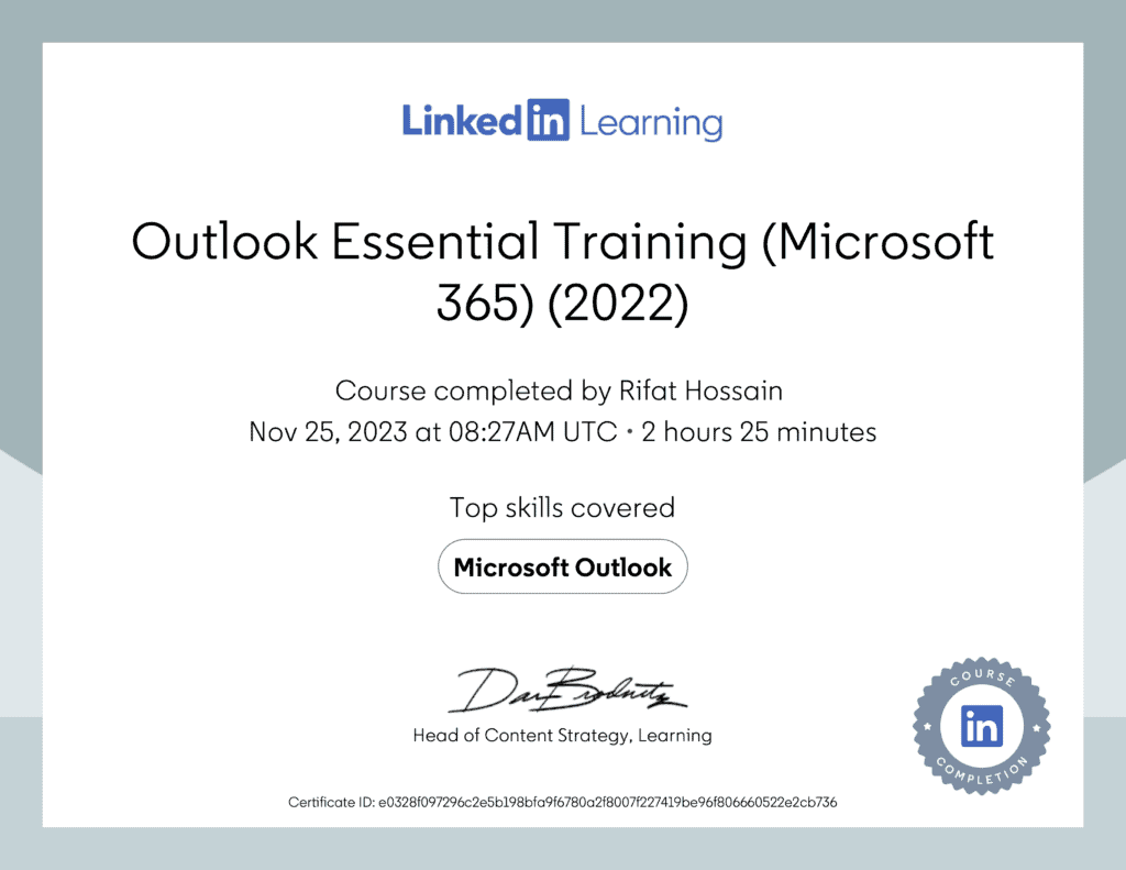 Certificate Of Completion: Outlook Essential Training Microsoft 365 2022