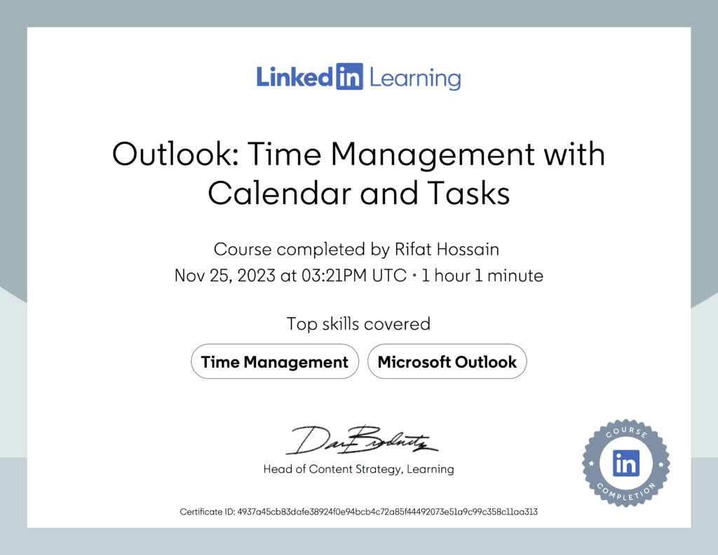 Certificate Of Completion: Outlook Time Management with Calendar and Tasks