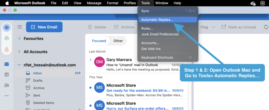 out of office reply in outlook for Mac
