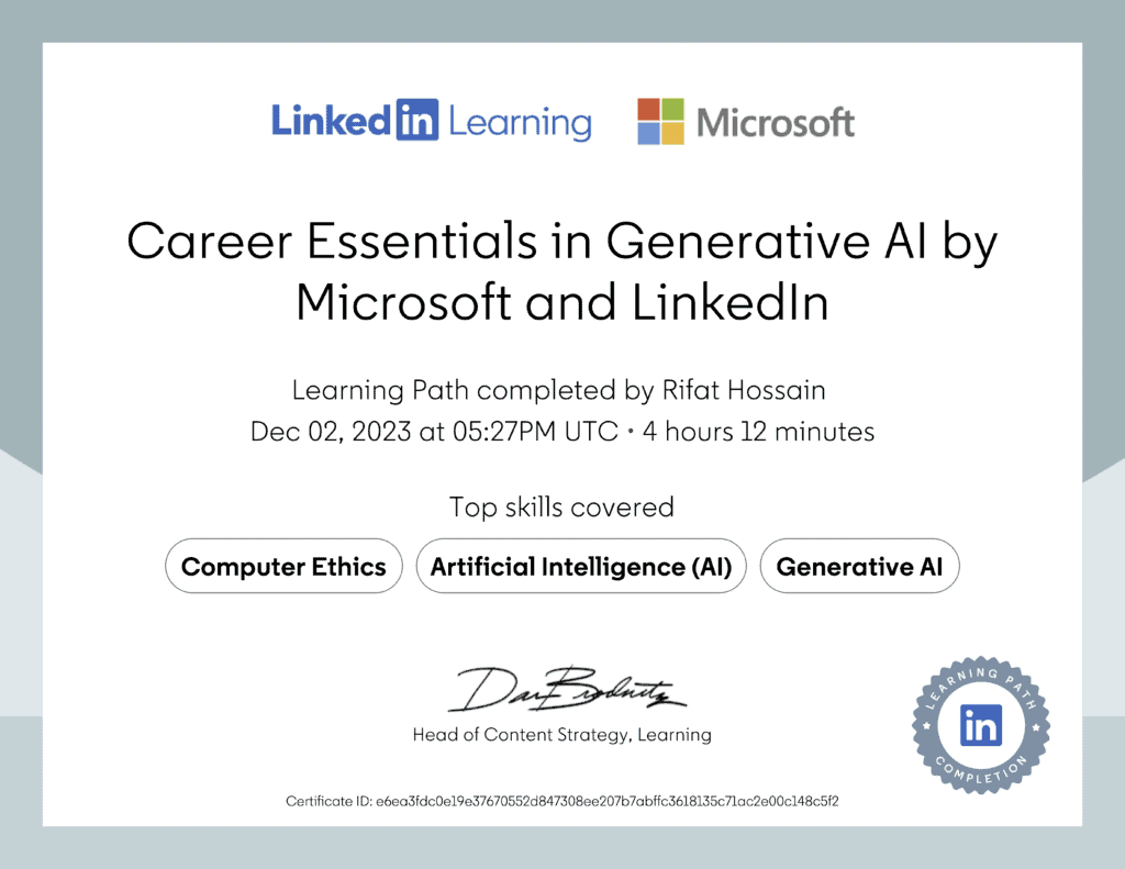 Certificate Of Completion Career Essentials in Generative AI by Microsoft and LinkedIn