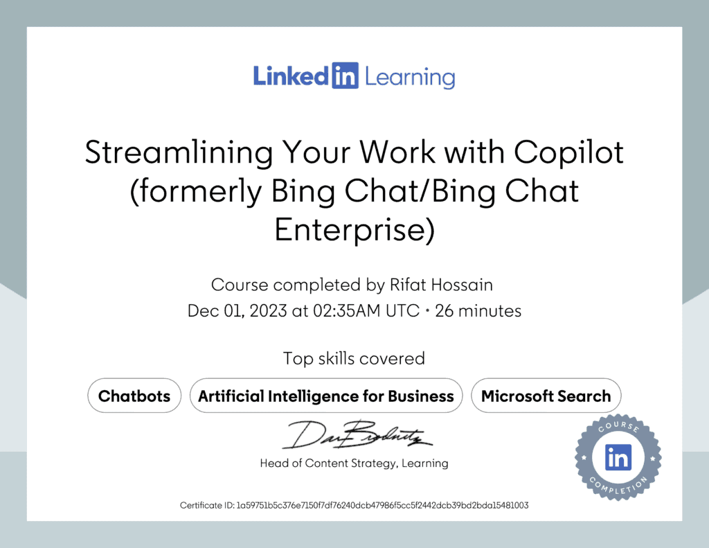 Certificate Of Completion: Streamlining Your Work with Copilot (formerly known as Bing Chat)