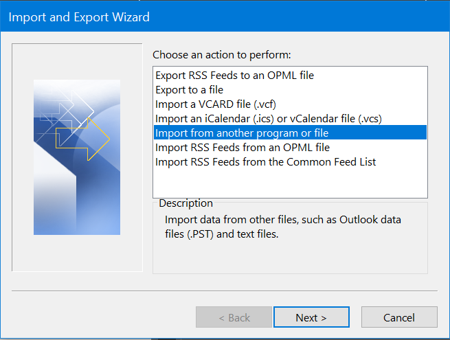 How to restore Outlook backup - Step 2: Choose 'Import from another program or file' and click 'Next'.