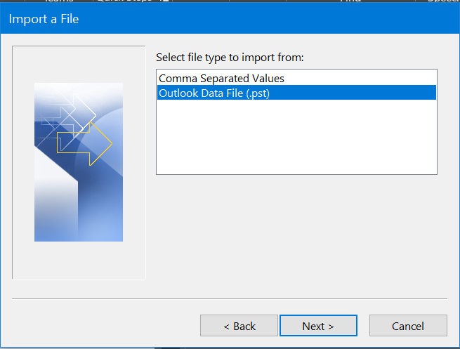 How to restore Outlook backup - Step 3: Select 'Outlook Data File (.pst)', hit 'Next'.