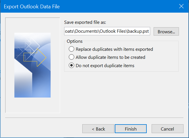 Outlook email backup: Step 5 - Choose what to do with the Duplicate items and click 'Finish'.